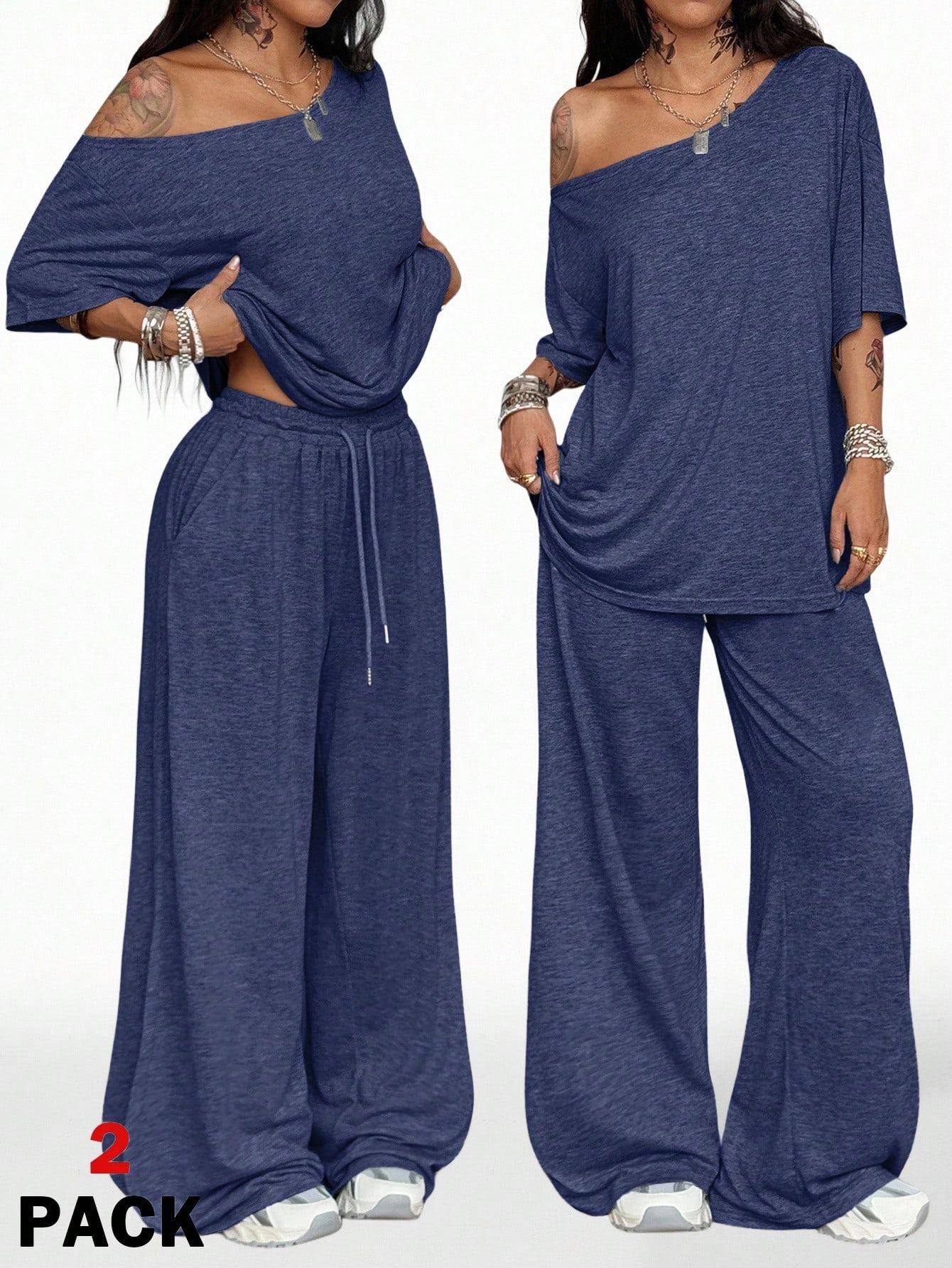Women's Casual Solid Color Sport Two-Piece Set, Loose Long Pants & Wide Leg Slant Neck Pant Suit, Spring & Fall Fashion