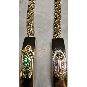 Chino Link Bracelet Virgencita or San Judas Tadeo in 8 Inches New Styles Pink Gold Silver Green Gold Two-Tone Discreet Sliding Clasp Comfortable Secure Everyday Wear Special Occasions