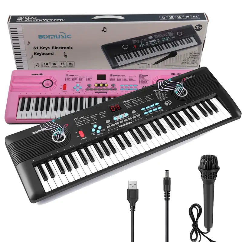61-Key Portable Digital Piano Keyboard Kit for Kids Beginners - ABS Unisex Instruments with Built-In Dual Speakers, Microphone, Battery, Compact Christmas Gifts for Kids for Outdoor Performances