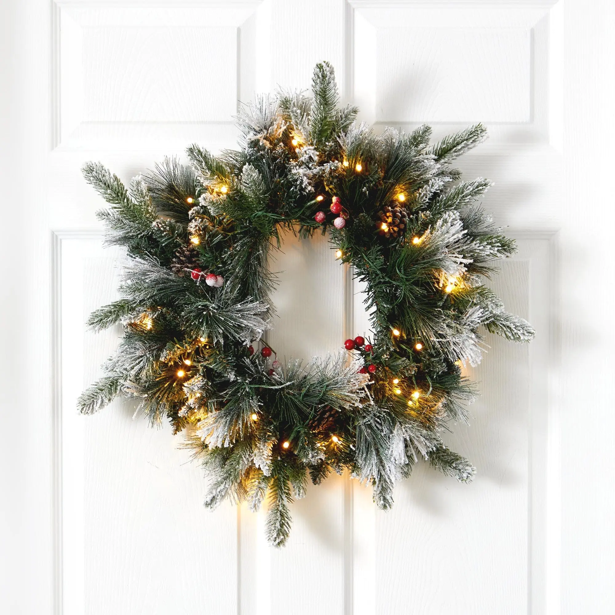 20 inches Round Synthetic Christmas Wall Wreath, Flocked Mixed Pine, Pre-Strung with 50 LED Lights, Realistic Evergreens, Pine Cones, Berries for Winter Wonder Door & Home Decor, Holiday