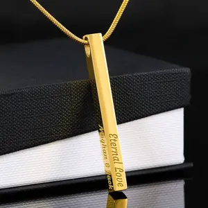 Valentine's Gift Custom Engraved 4 Sided Necklace – Gold & Silver 3D Vertical Bar Necklace for Women & Men, Personalized Name Necklace, Valentine’s Day Gift, Mom & Couple Jewelry