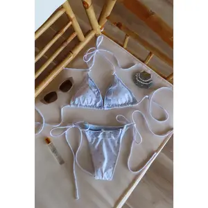 Blue Polka Dot Cheeky Cut Sporty Bikini Bottom - Bow Ribbon Accent, String Ties Design for Sports & Outdoor Swimwear, Sporty Bikinis