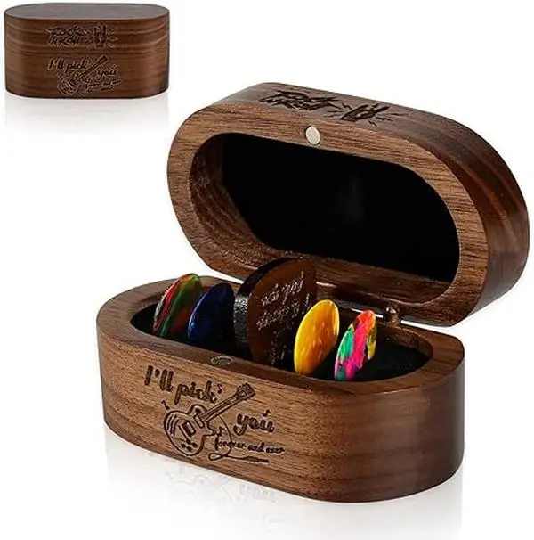 Black Walnut Guitar Pick Holder, with 1 Wooden Pick & 6 Celluloid Picks in 3 Thicknesses Cool Exquisite Guitar Accessories Gifts for Musicians