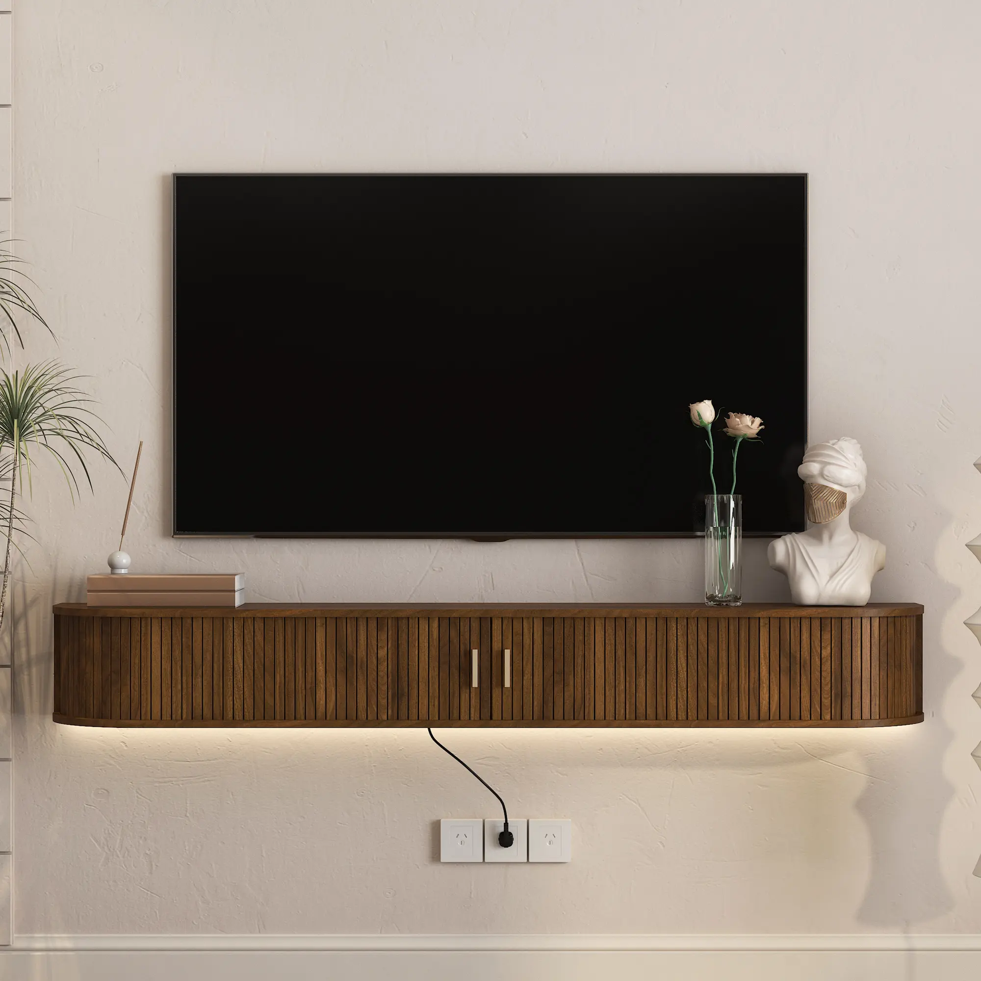 69" Floating TV Stand with 16 Color LEDs, Wall Mounted Curved Media Console, Sliding Doors & Large Storage for Living Room, Brown