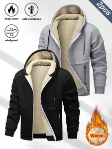 Men's Winter Sports Hoodie 2PCS Sherpa Fleece Lined Warm Thick Cold Resistant Windproof Full Zip Jacket for Daily Outdoor Use