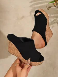 Women's Summer Thick Sole High Wedge Sandals, Open Toe Backless Textile Slippers, Casual Comfortable Fashion Soft Shoes