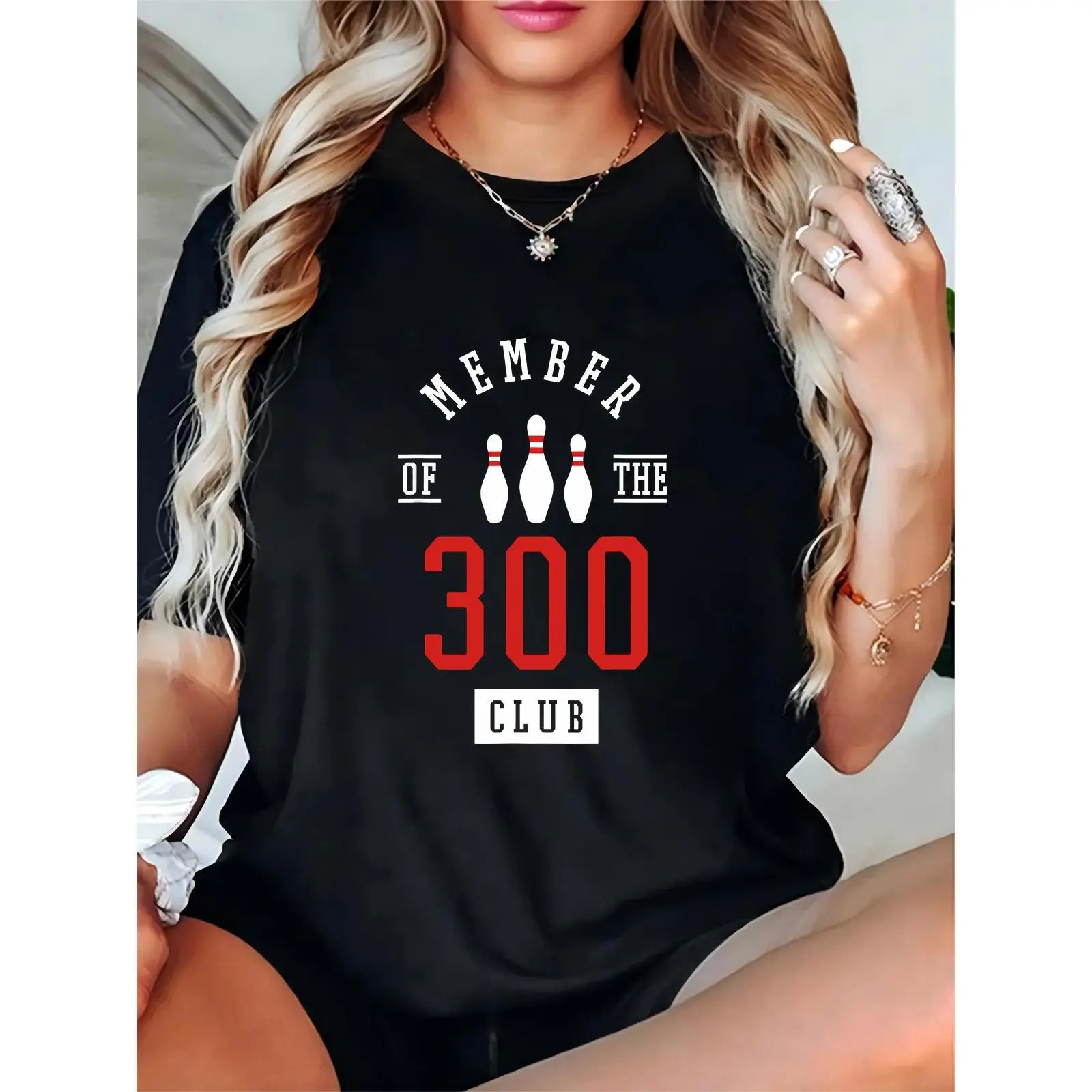 Women's Black T - Shirt with Bowling Pins & "Member of the 300 Club" Graphic, Ideal for Bowling Nights, Casual Outings & Sporty Daily Wear