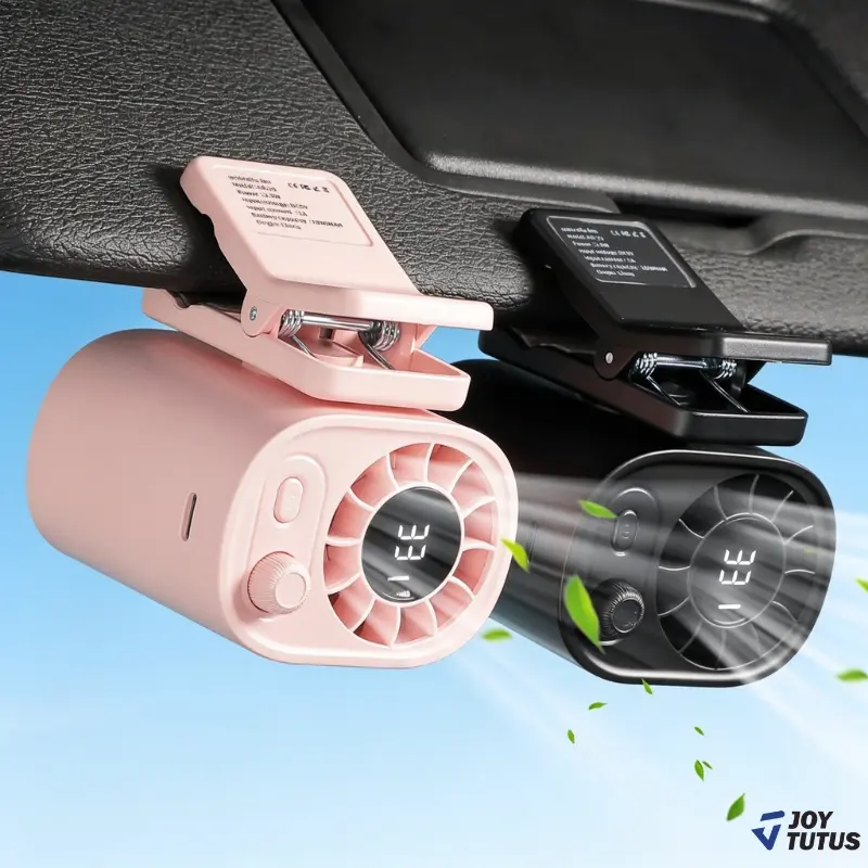 JOYTUTUS Adjustable Clip-On Car Fan - 1800mAh Rechargeable, LCD Display, Quiet Cooling, LED Screen, Universal Vehicle Accessory, Summer Stay Cool USB & Mobile Fan Tech Gadget