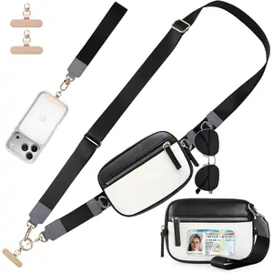 Clip and Go Strap For Phone with Leather Wallet Crossbody, Adjustable Phone Lanyard with Slim Detachable RFID Wristlet Wallet and 2 Phone Wrist Strap, For Daily Life & Travel, Black
