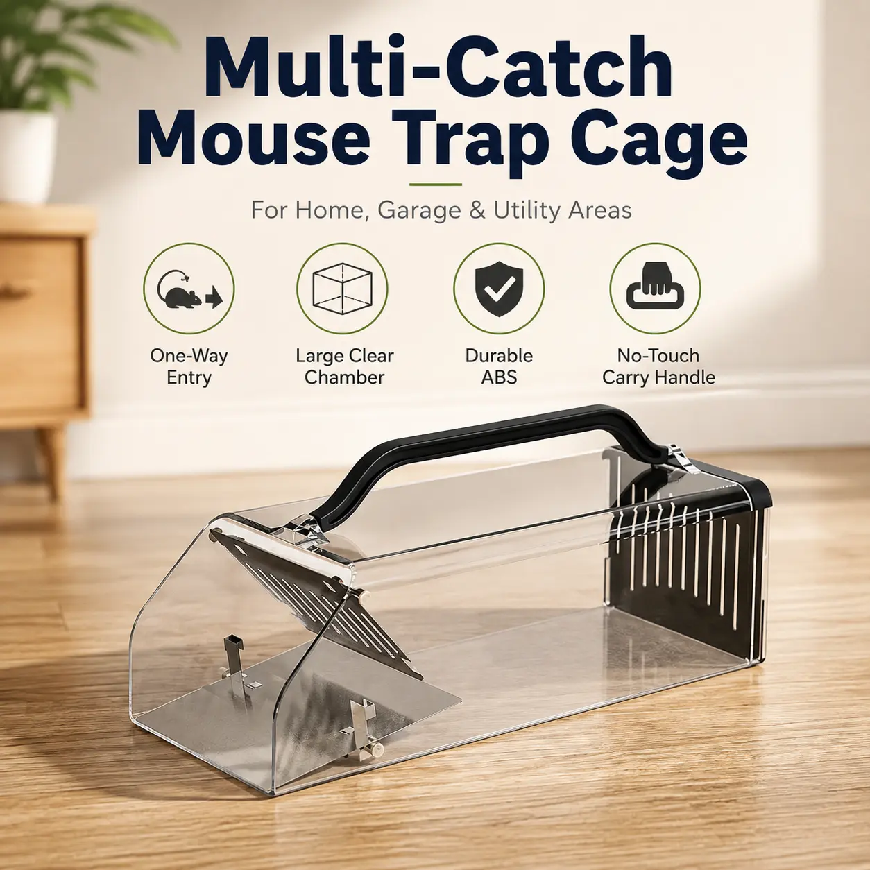 Multi-Catch Mouse Trap Cage, Reusable Live Catch Rodent Trap with One-Way Entry, Clear ABS Mouse Catcher with Carry Handle, Continuous Catch Trap for Home, Garage, Kitchen, Basement & Warehouse, Small/Large Size