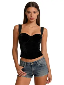 Burgundy Velvet Strapless Corset Top: Retro Street Style for Summer Coffee Dates