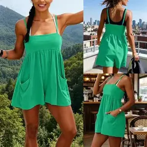 Women's Spaghetti Strap Romper, Summer Casual Flowy Backless Jumpsuit, Loose Fit Playsuit with Pockets