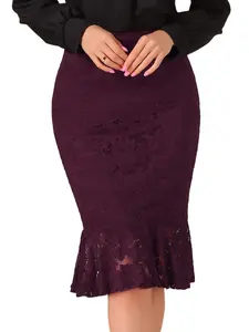 INSPIRE CHIC Elegant Work Knee Length Bodycon Fishtail Lace Pencil Skirt Burgundy