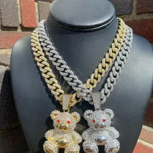 24” Iced Full Iced Necklace Chain & Teddy Bear Pendant Jewelry Set Male Male Male