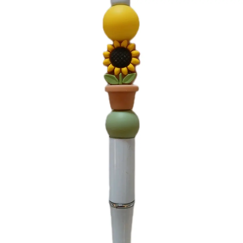 Potted Sunflower Pen with Silicone Beads and White Pen - Unique Design Featuring a Sunflower in a Pot. Comes with free ink refill.
