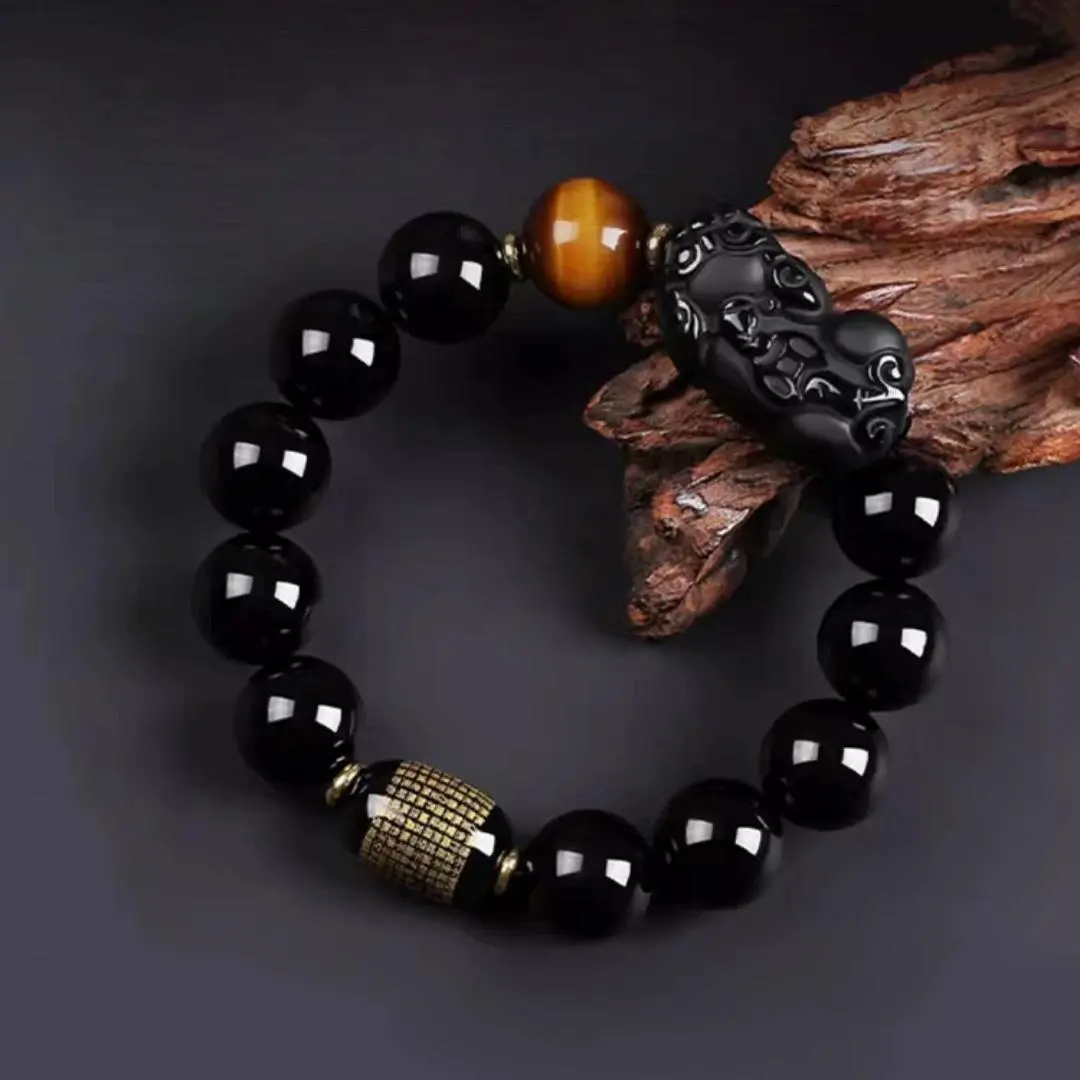 Obsidian Bracelet, 14mm × 17cm Rare Stone Collectible, Cultural Item Stone Art