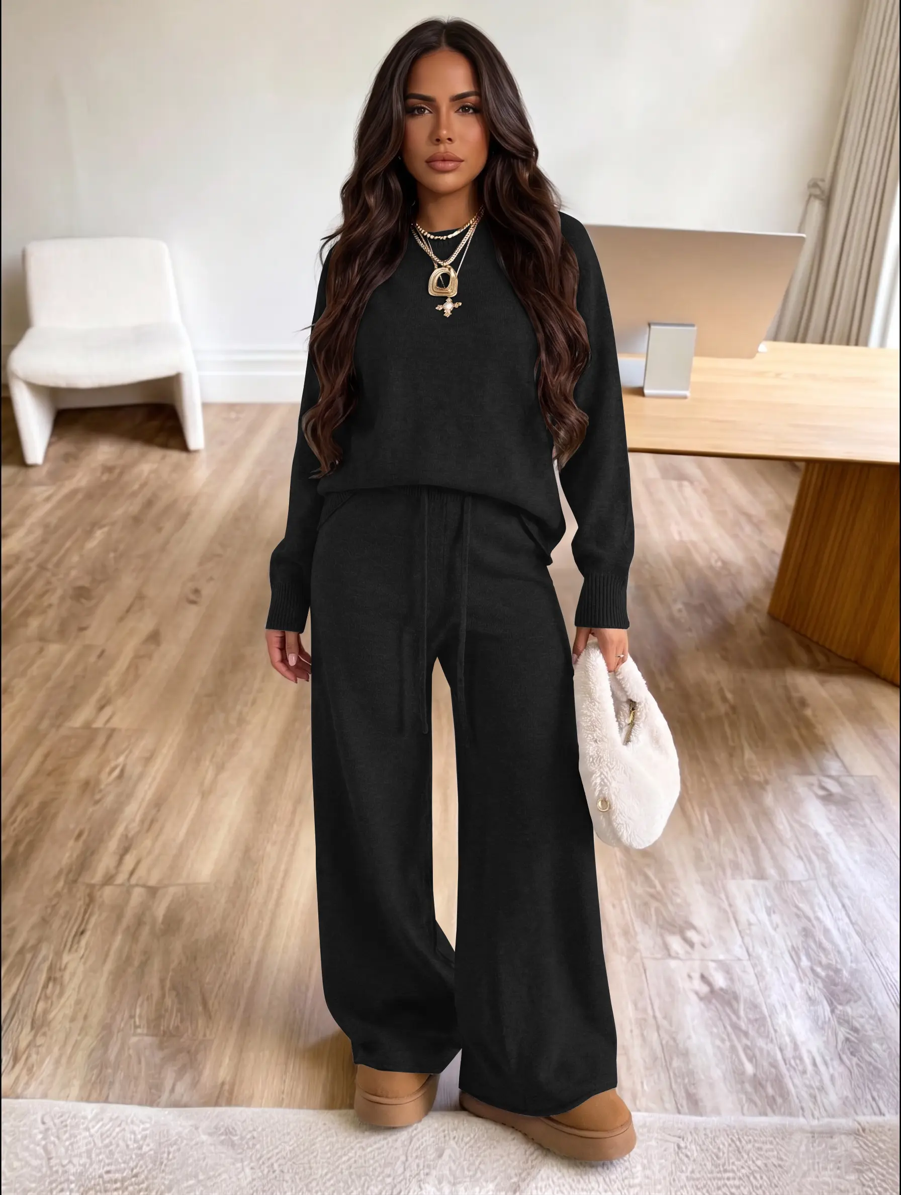 USBOUTIQUE CHIC Women's 2026 Fall Oversized Long Sleeve Top & Wide Leg Pants Two Piece Lounge Set