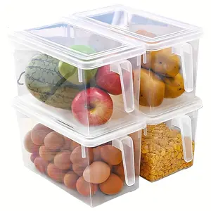 [4pcs Stackable Food Storage] 4pcs Storage Containers, Large Clear Plastic Food Storage Containers, Stackable Square Food Storage Bins With Lids, For Fruits, Vegetable And Meat, Kitchen Organizers And Storage, Kitchen Accessories