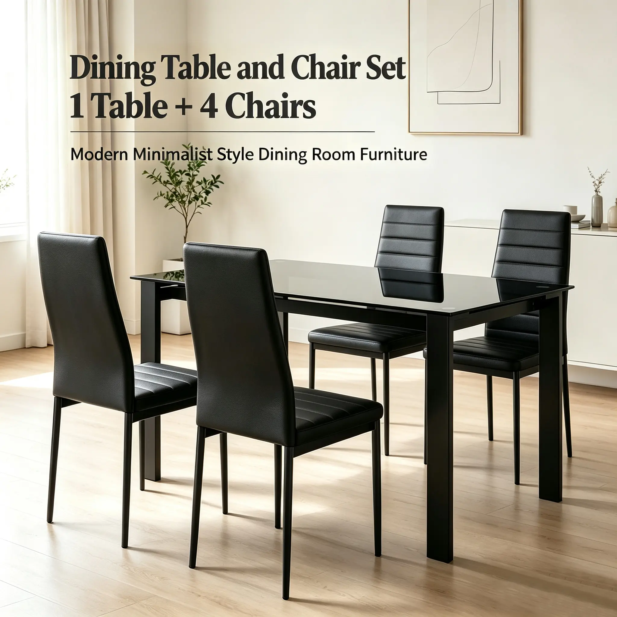 5-Piece Dining Table Set with 4 Chairs, Modern Black Tempered Glass Top & Sturdy Metal Legs, Space-Saving for Kitchen/Living/Dining Room, Black