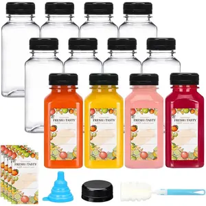 12pcs 8oz Plastic Juice Bottles with Caps, Empty Reusable Clear Beverage Containers with Label, Funnel and Brush, Bulk Bottles for Juicing, Smoothies and Fridge Storage