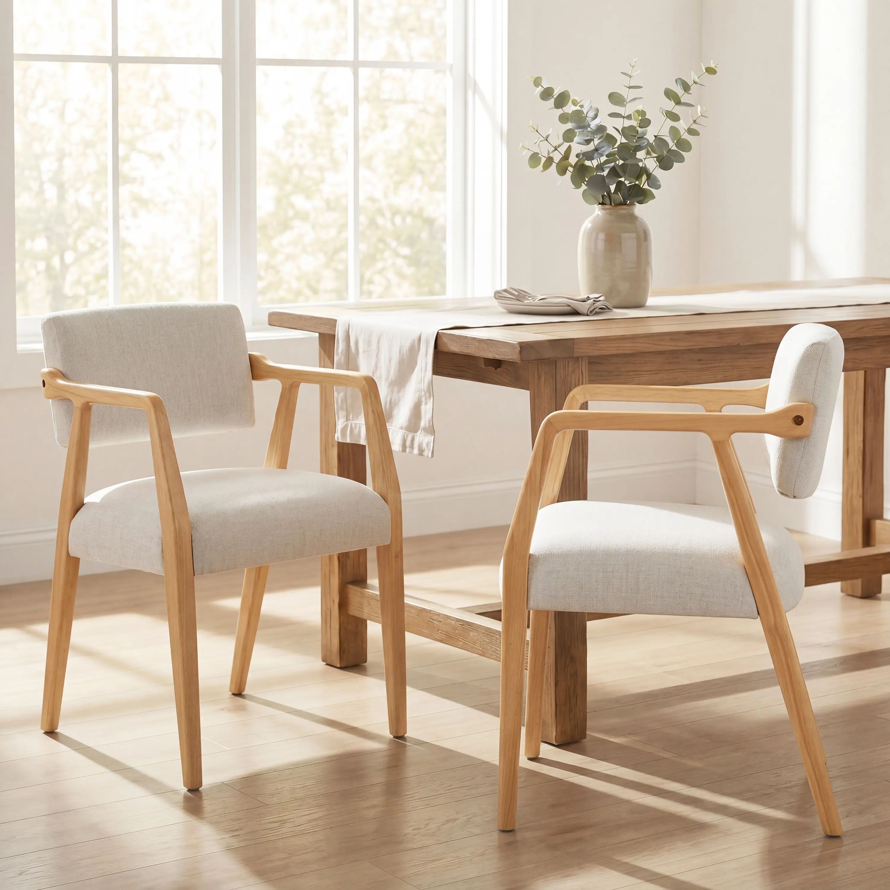 Upholstered Dining Armchair Set of 2 in Natural Rubber Wood with Beige Fabric, Mid-Century Style for Kitchen, Living Room, or Restaurant Seating