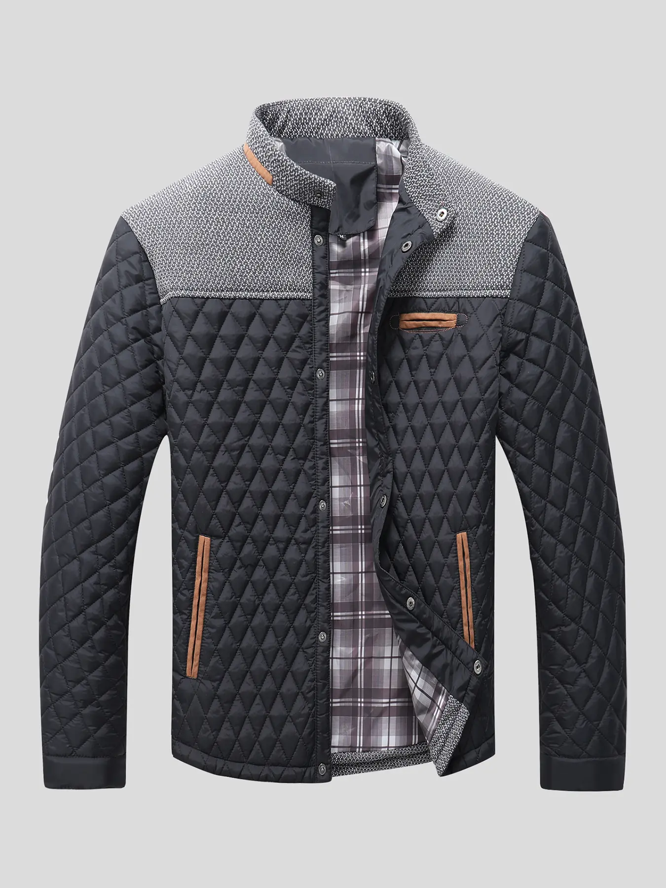 Men’s Quilted Lightweight Jacket - Diamond Pattern, Stand Collar, Spliced Knit, Textured Button-Front Lightweight Jackets & Coats for Fall/Winter Warm Casual Outerwear, Textured Men's Lightweight Jackets