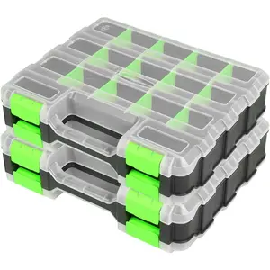 Tool Box with Transparent Lid, Double Side 34-Compartments Organizer Box with Removable Dividers  Hardware, Screws, Bolts, Nails, Beads, Jewelry and Fishing Accessories, Green, 2 Pack