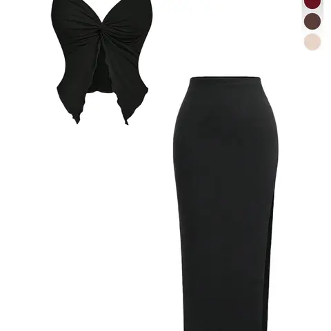 Two-Piece Set Women's Solid Spaghetti Strap Sleeveless Twist Front Crop Top & Split Hem Skirt Set, Casual Style Set, Casual Fashion Cozy Lady Two-piece Outfits for Daily Outdoor Wear, Women Clothing for Spring Fall, Suits, Summer Set, Womenswear
