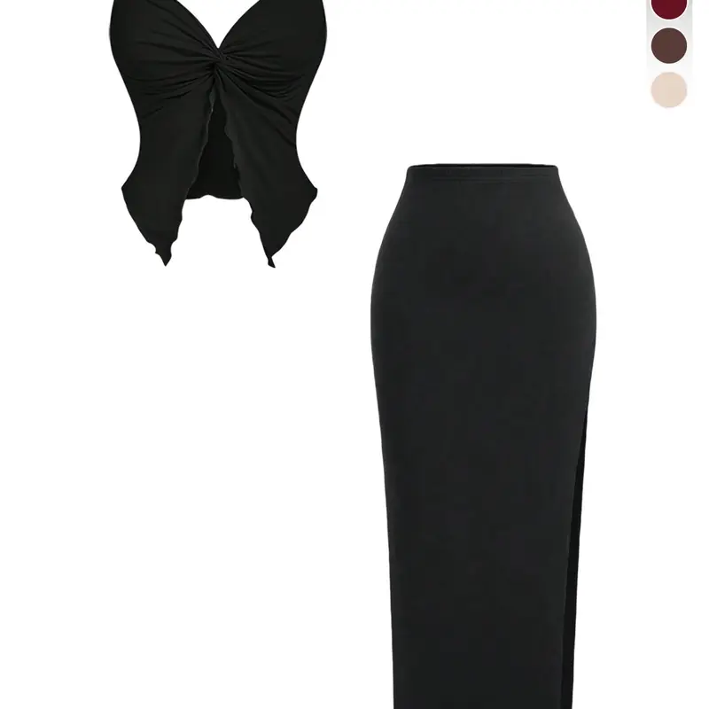 Two-Piece Set Women's Solid Spaghetti Strap Sleeveless Twist Front Crop Top & Split Hem Skirt Set, Casual Style Set, Casual Fashion Cozy Lady Two-piece Outfits for Daily Outdoor Wear, Women Clothing for Spring Fall, Suits, Summer Set, Womenswear