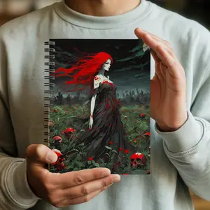 Red-Haired Ghost Bride Spiral Notebook Ruled Journal with Gothic Artwork 118 Ruled Pages 350gsm Cover Metal Spiral Binding Compact 6x8 Size Portable and Pocketable