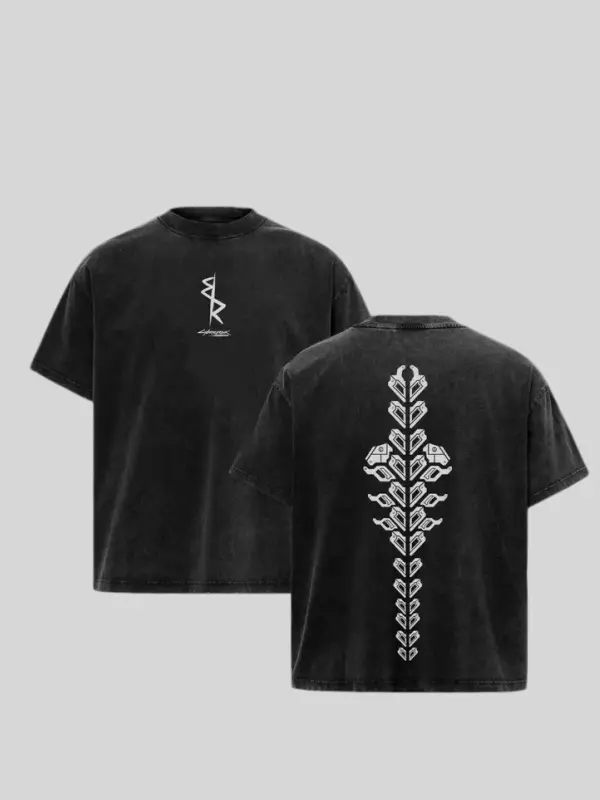 Vintage Acid Washed Black Cyberpunk Edgerunners Double-Sided Skeleton Spine Symbol Graphic Oversized Cotton Crewneck T-Shirt Techwear Grunge Streetwear Unisex Casual Top For Cyberpunk Anime Otaku Fans Menswear Man Tshirt Tropical Shortsleeve