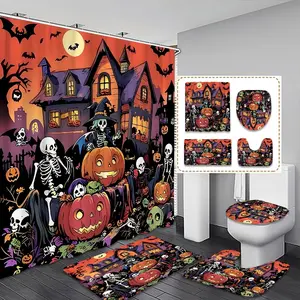 Halloween Theme Shower Curtain Set, Polyester Fabric with Pumpkin Moon Bat Print, Includes U-Shaped Mat & Toilet Lid Cover