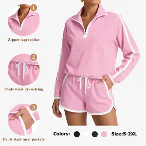 Fisoew Womens 2 Piece Outfits Sets Half Zip V Neck Long Sleeve Pullover Tops Shorts Casual Tennis Running Tracksuits #Springtok #TikTokShopHolidayHaul #TikTokShopJumpstartSale