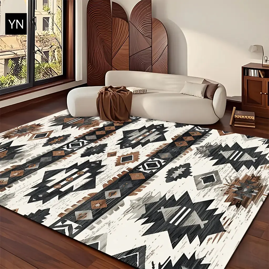 Geometric Pattern Rug - Modern Minimalist Southwestern Indoor Crocheted Texture Plaid Polyester Area Rug, Durable Anti-Skid Dustproof, Multi-Tonal Brown Black White Turquoise, Hand Wash Only for Living Room, Bedroom, Modern Minimalist Area Rugs