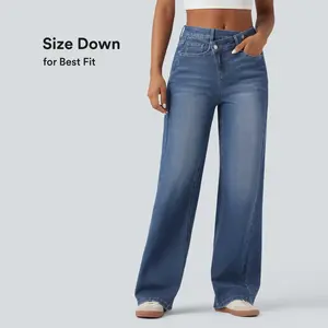 Halara Flex Asymmetric High Waisted Washed Casual Baggy Jeans with Pockets