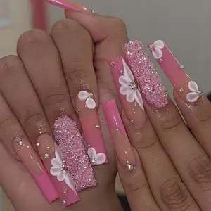 Bling Rhinestone Press On Nails Long Square Luxury Pink Fake Nails 3D Flower Design Nails
