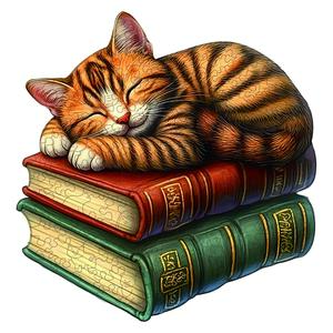 Adult Wooden Puzzle Cat Sleeping on Book Unique Irregular Animal Shape Gift for Friends Family Modern Art Home Decor