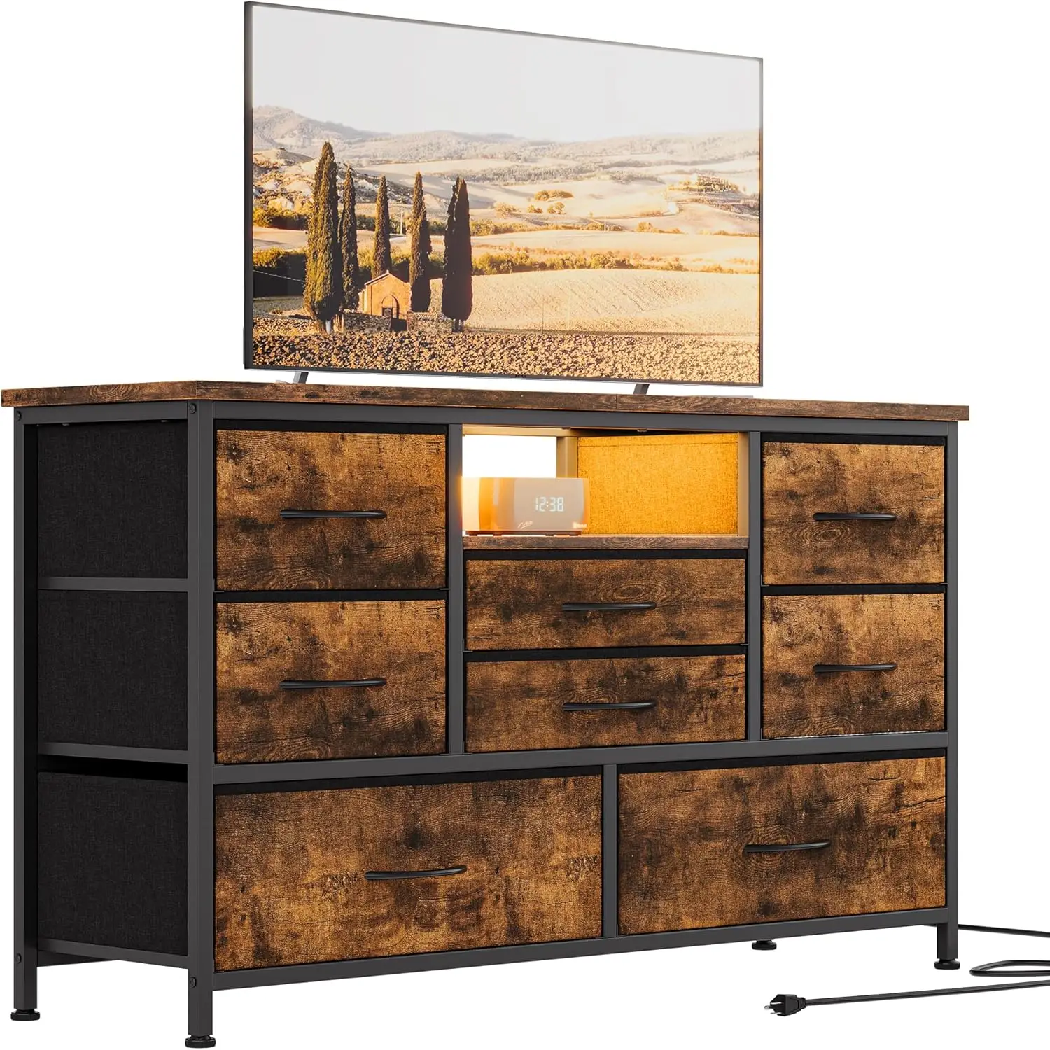 GARVEE Wide Dresser with 8 Large Drawers for 55" Long TV Stand, Fabric Drawer for Bedroom with Power Outlet, Chests of Drawers for Bedroom, Living Roo