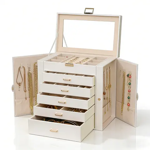 BOOVO Modern 6-Layer Rectangular PU Leather Jewelry Organizer - Durable Home Supplies Storage Box with Drawers, Glass Lid, Built-In Mirror, Magnetic Buckle, Dustproof, Anti-Tarnish Velvet Lining, Large Capacity for Bedroom Countertop, Female Coworker Gift