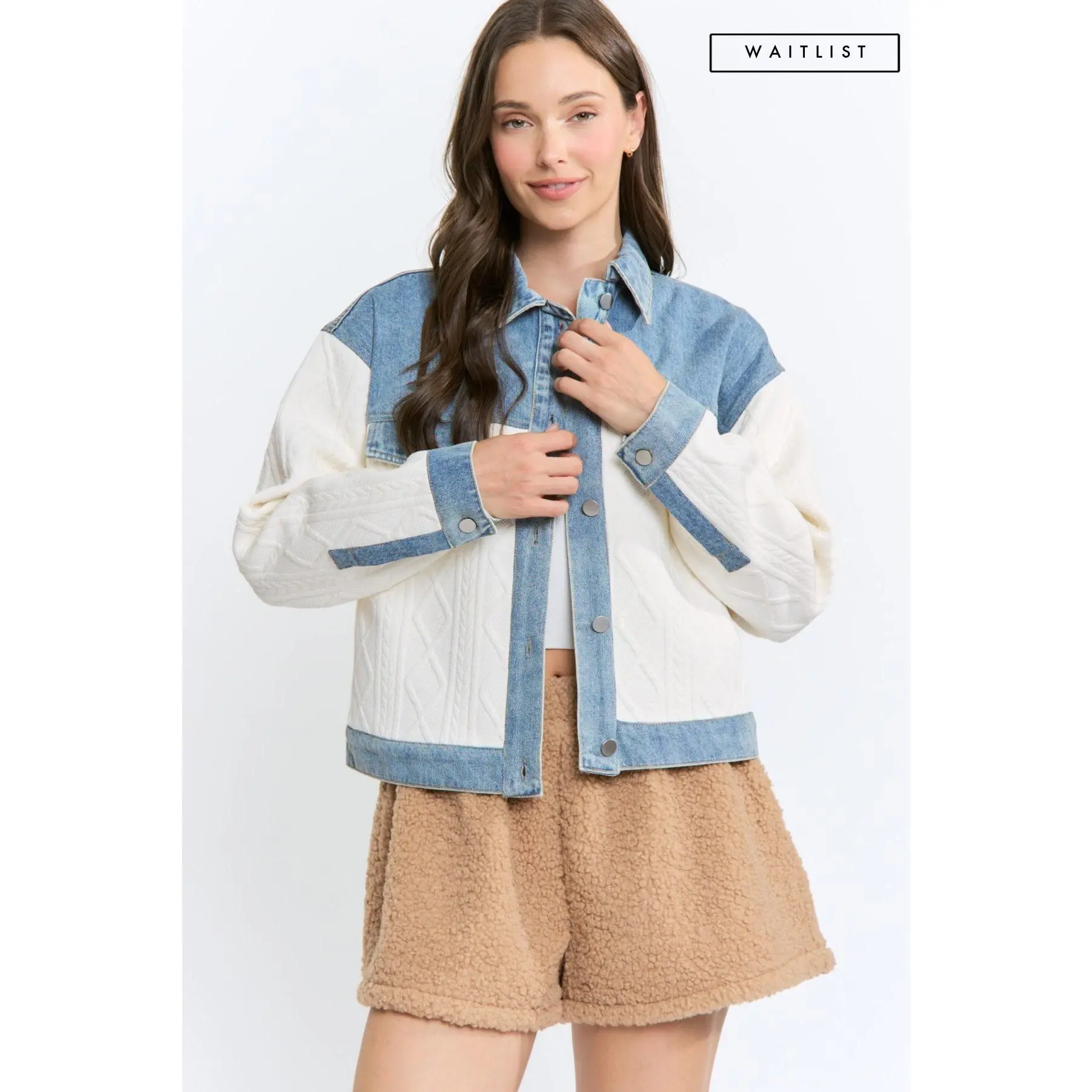 Waitlist 9/30 • Vespera Long Sleeve Cable Knit Denim Trim One Size Shacket Cream Ivory