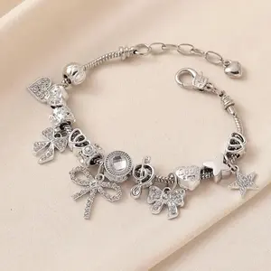 Silver Plated Multi-Charm Bracelet for Women, Dainty CZ Bow/Heart/Music Note Charm Bangle, Cute Jewelry Gift