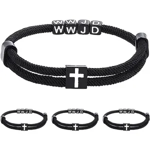 WWJD Bracelets 4 count, Braided  Bracelet Adjustable Rope  Bracelet Christian Religious  for Men Women WWJD Wristband Metal Knot Easter