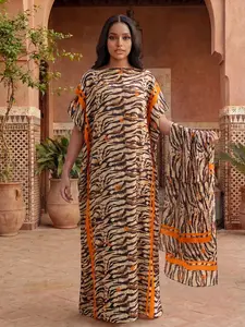 Women's Leopard Print Fitted Long Dress Set, Chic Casual Beach Cover-Up Shawl + Silk Scarf, Sun Protection, All Seasons