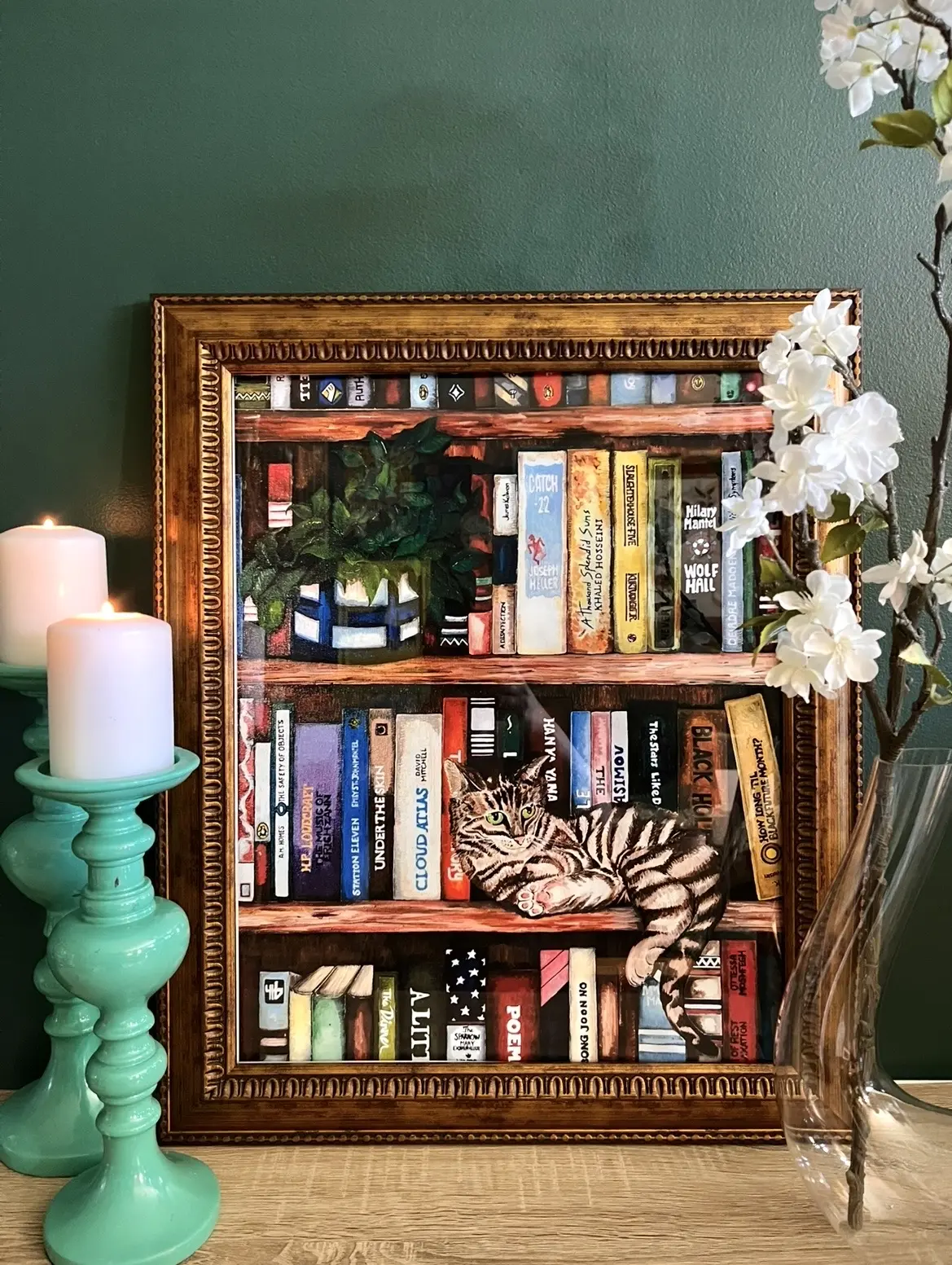 16x20 inch. Art Print, Cat & Books, Wall Art, Cat, Cats, Books.