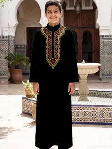 Boys Gold Ethnic Embroidered Robe, Arabic Traditional Clothing, Prayer Wear, Moroccan Kids Fashion