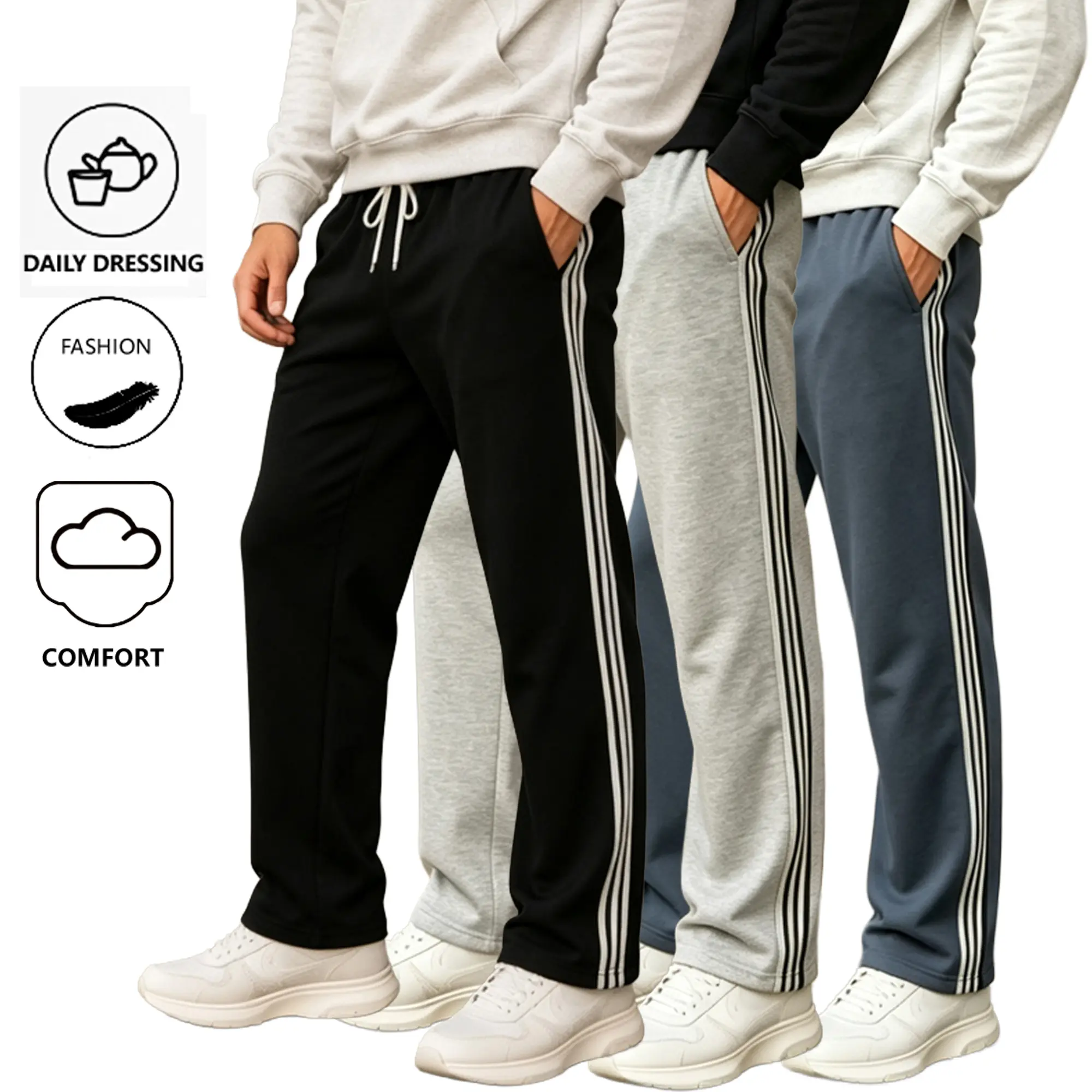 Men's Straight-Leg Athletic Sweatpants (1 Pair) - 3-Stripe Design, Elastic Waistband With Drawstring, Versatile Casual Long Pants pants for men backtoschoolshopping