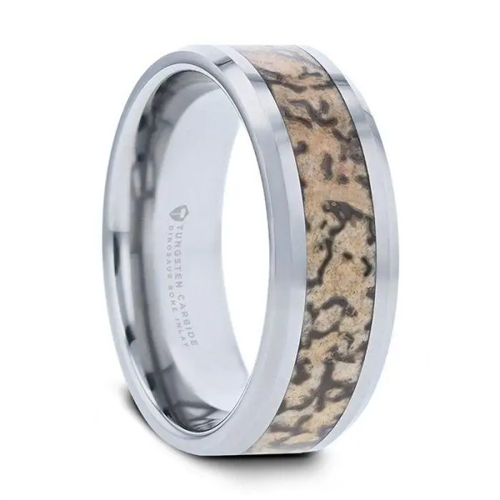 Thorsten ORDOVICIAN Dinosaur Bone Inlaid Tungsten Carbide Beveled Edged Ring - 4mm or 8mm