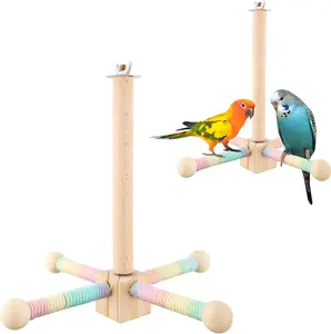 360° Rotating Parrot Perch Toy, Natural Wood Bird Stand with Colorful Rope Wrapped Perches, Hanging Cage Foraging Play Gym Accessories for Budgies, Sun Conures, Cockatiels, Lovebirds
