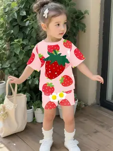 Strawberry Summer Baby Girl Suit with Digital Printing, Baby Clothing, 100% Polyester Baby Girl Short Sleeve Set, Casual Outfit for Infant Girls, T-Shirt Suitable for Daily and Outdoor Sports, Perfect Gift for Babies