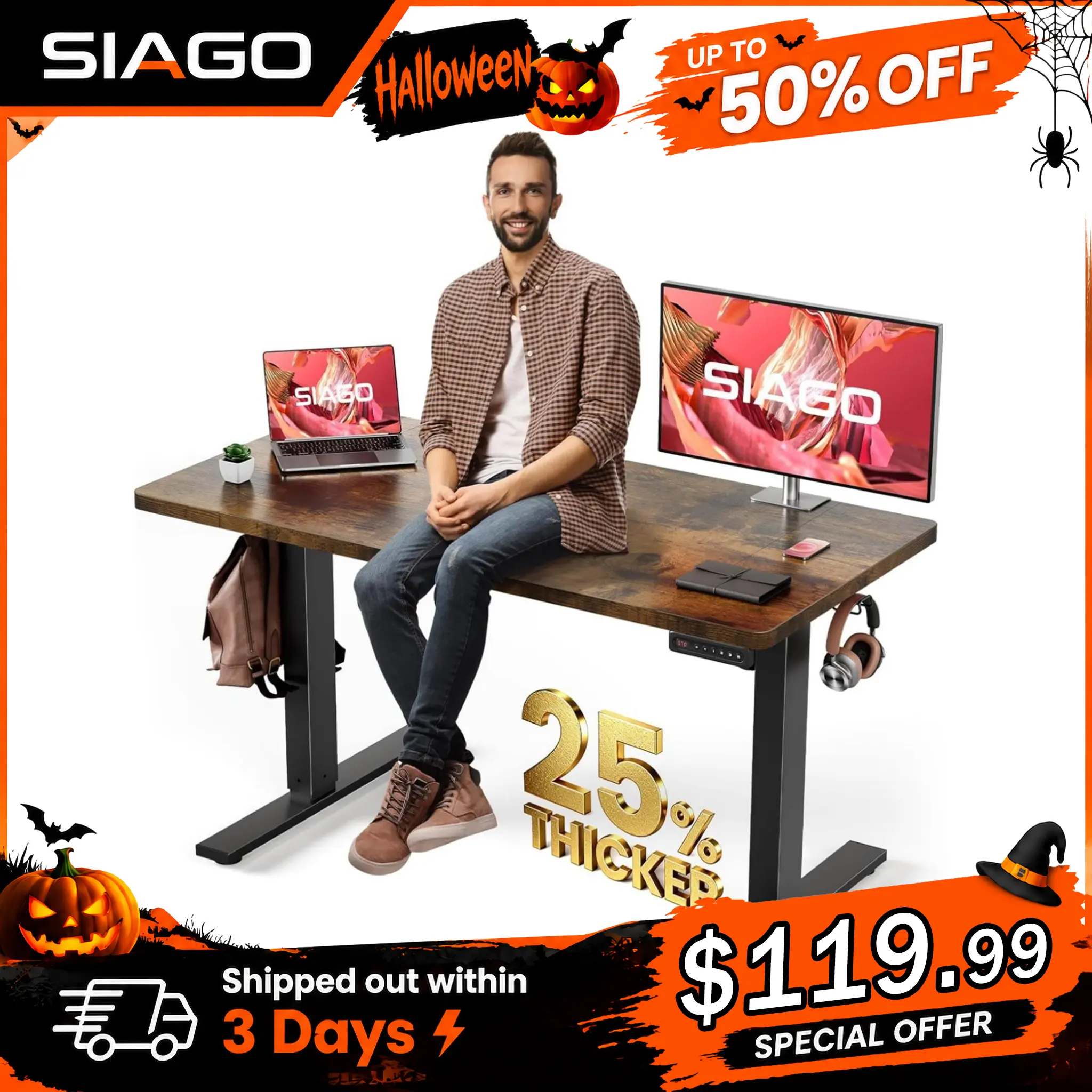 SIAGO Modern Height-Adjustable Electric Standing Desk - Auto-Adjust, Effortless Lifting, Smart Adjust Desk & Motorized Pedestal Table, Rock-Solid Steel & Wood Office Workstation, Cable Management, 3 Memory Presets, Quick Setup - Ideal Gift for Mothers, Au